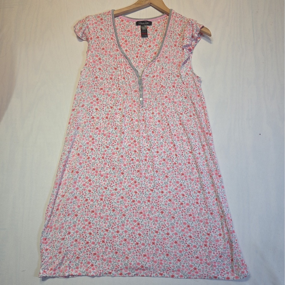 Rene Rofe Women's Medium Floral Nightgown Sleep Dress Pink Gray Rayon Stretch